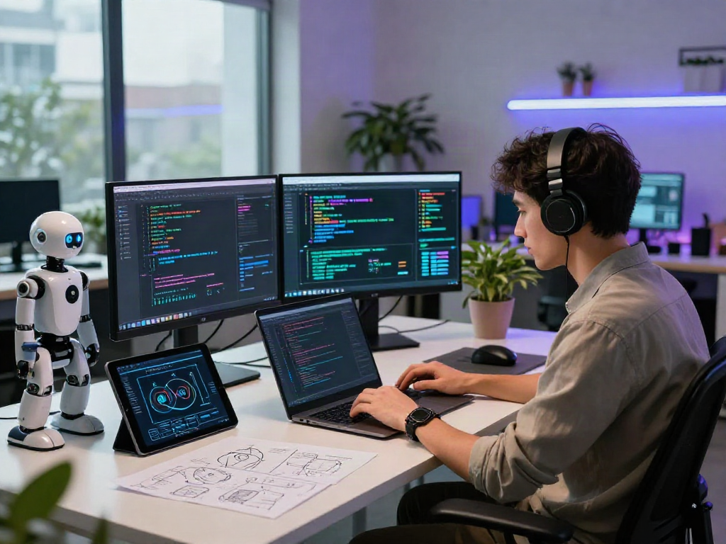 Software engineer coding spicy ai algorithms in a modern workspace filled with innovation and technology.