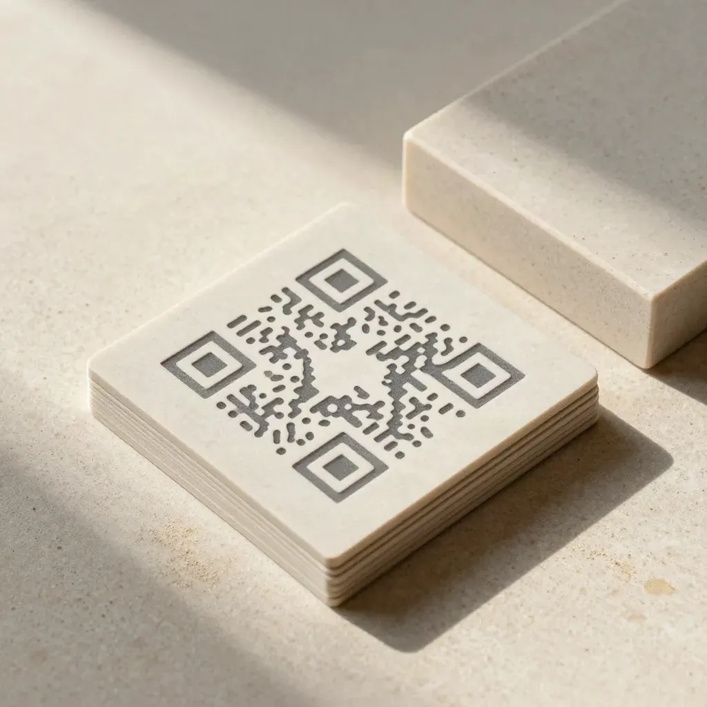 Overhead flatlay of a QR plaque, layered cards and limestone block on pale stone.