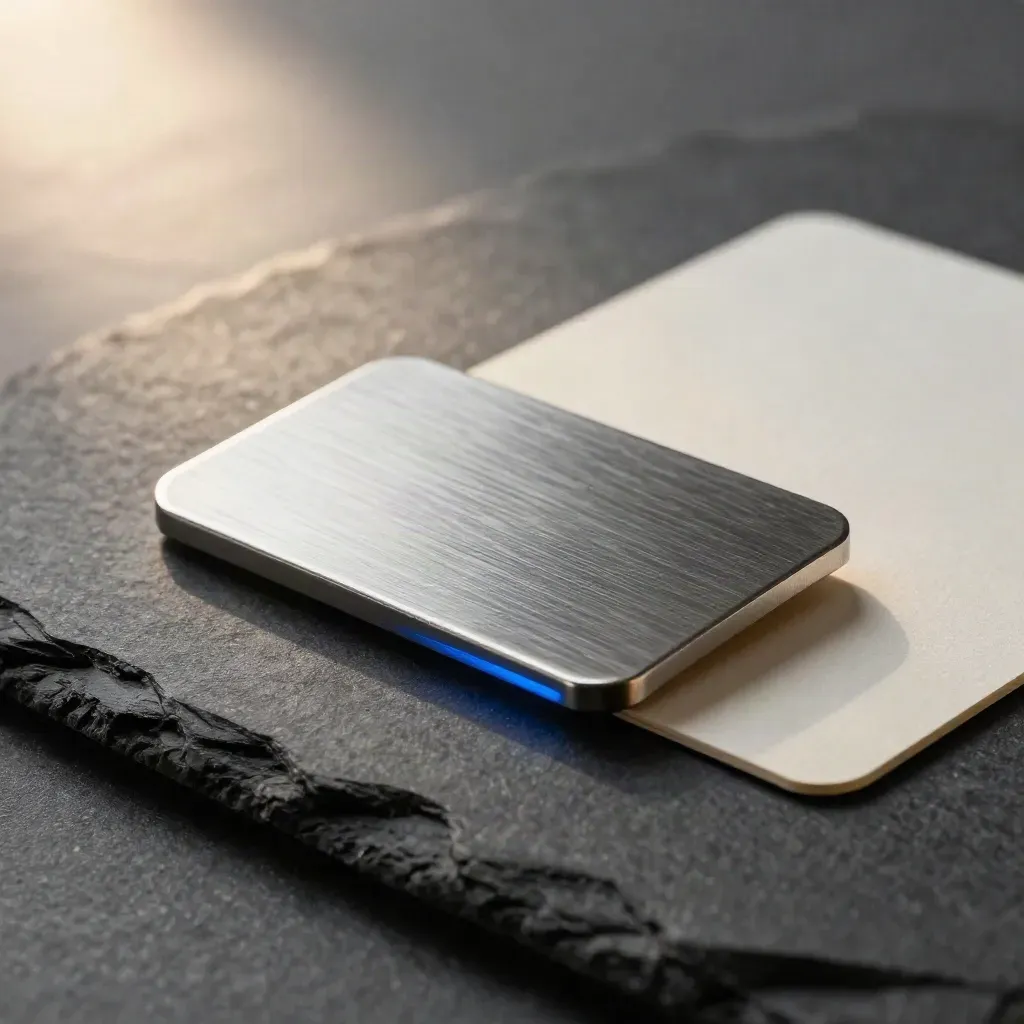 Macro of brushed metal pickup tab, matte route card and cream carry slip on dark slate.