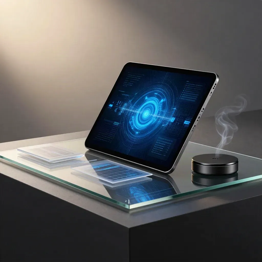 Tablet with blue analytics glow, translucent chart tiles and a puck on smoked glass.