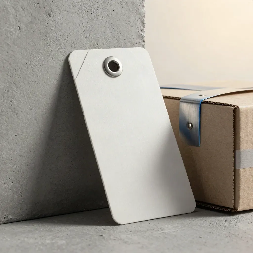 Macro delivery-link kit: dispatch tag, route card and parcel block against rough concrete.