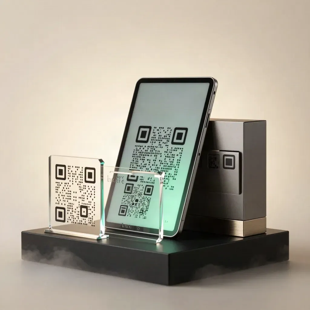 QR launch bundle with glowing tablet, display stands, and premium box on a dark plinth