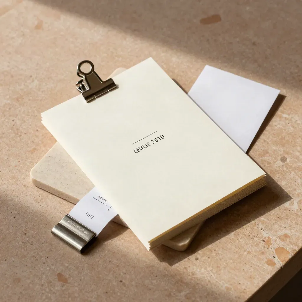 Overhead flatlay of a cafe order-form bundle on warm limestone with soft daylight.