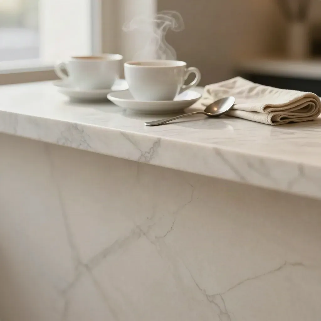 Sunlit café marble counter with white cups, linen cloth and soft steam